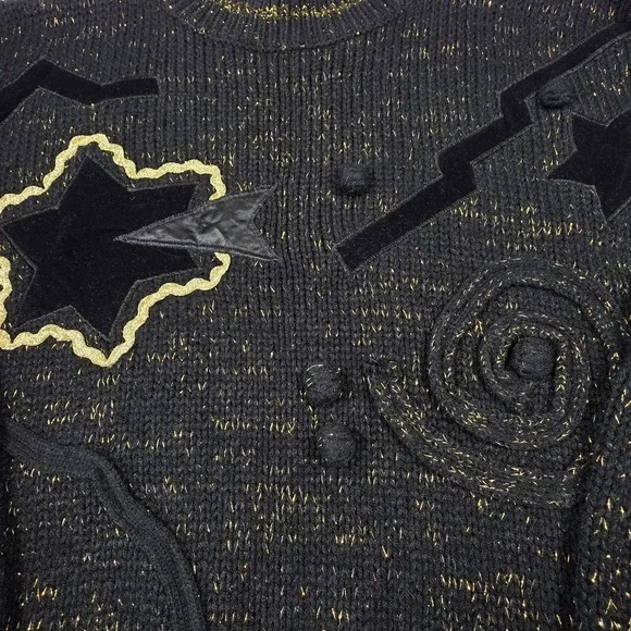 Vintage 80s Celestial Gold Sparkle Star Velvet Patch Mock Neck Sweater Womens L‎ - Picture 9 of 16